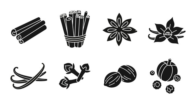Spice Icons Collection: Cinnamon, Star Anise, Vanilla, Cloves, Nutmeg, Peppercorns, Vector Set