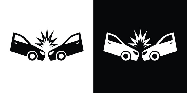 Car crash icon set in black and white. Head-on collision symbol representing road accidents, insurance claims, automotive safety, and emergency alerts.