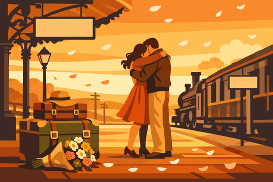 Couple embraces at train station during autumn sunset with luggage and bouquet nearby