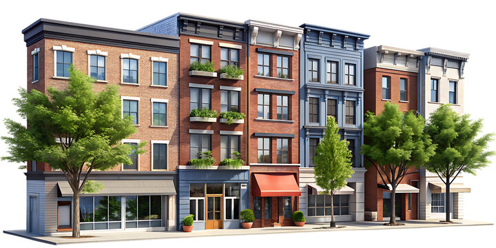 Row of classic urban brick buildings and storefronts with green trees in front for architectural and city planning concepts and real estate isolated on a transparent background