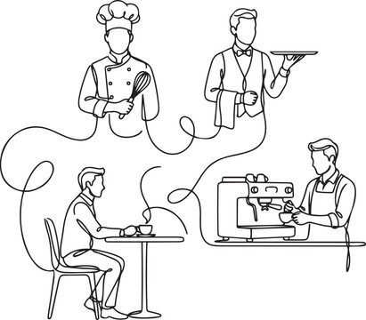 Restaurant, food service, line icons, people, occupations