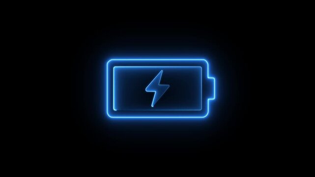 glowing neon symbol of vertical symbol of charging empty battery isolated on black background. glowing battery icon with Lightning bolt symbol. Neon glowing battery charging