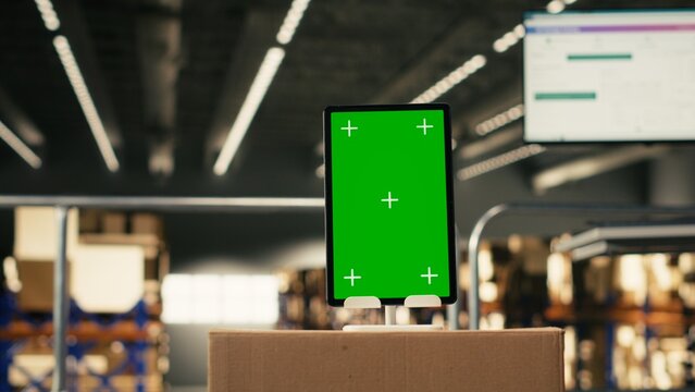 Vertical green screen mockup tablet in empty fulfillment center, platform near cardboard boxes and organized cargo. Logistics technology interfaces, tracking info dashboard for AWB details.