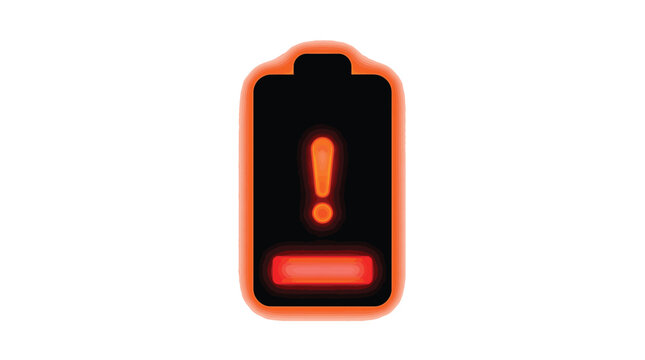 Digital illustration of a low battery icon with a glowing red warning sign for energy depletion