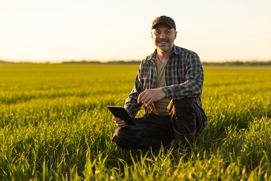 Happy rural entrepreneur. Man kneeling in green field with digital tablet in hand while looking at camera with smile, free space