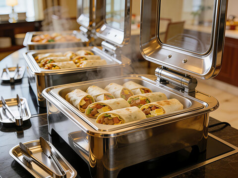 Breakfast burritos in buffet chafing dishes at hotel catering setup
