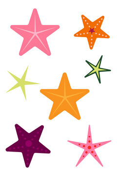 Colorful starfish sea stars PNG set. Minimal marine life icons, flat design vector graphics isolated starburst shapes for planner stickers, nursery decor, scrapbooking, invitations,  graphic design.