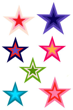 Colorful layered star sticker set PNG with transparent background. Bright retro star shapes for planners, scrapbooking, social media, art, journaling, kids design, badges and playful graphic elements