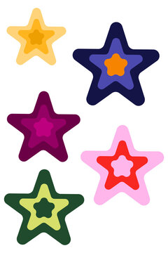 Bold fun star shapes set with transparent background. Colorful layered starfish icons for planners, stickers, cards, social media, logos, gaming graphics, crafts, fun branding design. High res PNG 