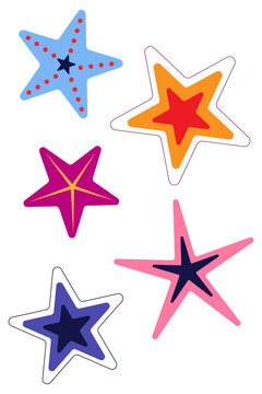 Colorful retro star sticker set isolated on transparent background. Starfish sea stars set with spotted patterns clipart for planners, scrapbooking, kids design, art, stationery. High-res PNG
