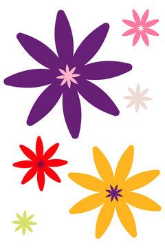 Bold colorful flower set isolated on transparent background. Floral clipart collection with bright blossom shapes for planners, scrapbooking, stickers, branding, creative design projects. High-res PNG