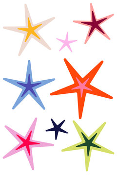 Colorful star and starfish set isolated on transparent background. Cute hand drawn starburst clipart for planners, scrapbooking, branding, stickers and modern graphic design projects. High-res PNG