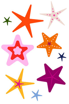 Colorful star, starfish sea stars set with spotted patterns. Sketchy outlined and dotted star shapes for planners, stickers, scrapbook pages, social media, stationery, fun graphic design. High res PNG