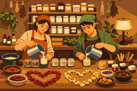 Two individuals make candles in a cozy workshop filled with herbs and plants while setting up a display with flowers and shapes