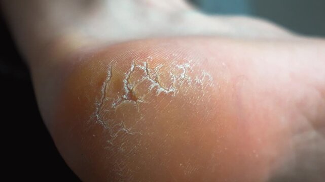 Close-up view of a person's foot with a very dry and cracked heel, showing flaking skin and fissures, a common dermatology and podiatry problem requiring moisturizing treatment