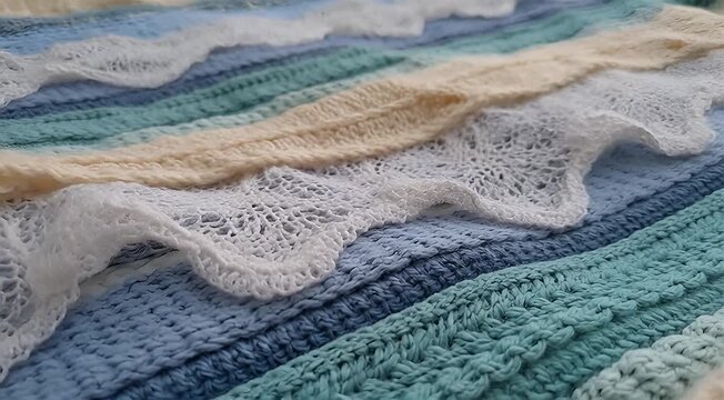Close-up view of colorful knitted fabric layers showcasing intricate patterns and textures in soft pastel shades, creating a visually appealing textile display