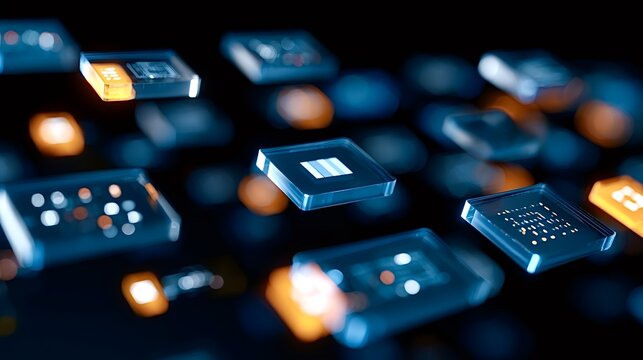 Digital microchips floating, representing data processing and cloud computing