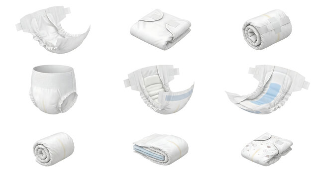 Set of various baby and adult diapers isolated on white. Absorbent nappies, pull-up pants, and incontinence pads for medical, geriatric, and childcare marketing and product catalogs.