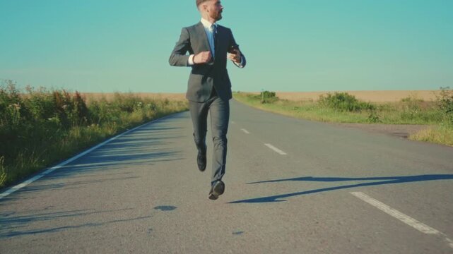 Professional swiftly marches along rural path, Individual dressed formally accelerates on country road urgently