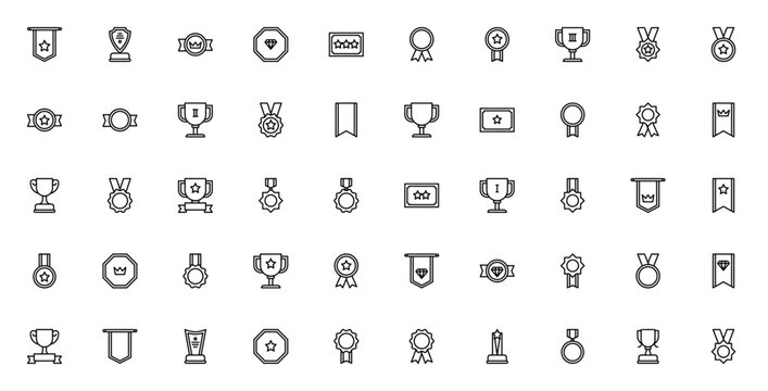 Rewards and Badges icon pack. Minimal vector set. Featuring trophy, medal, badge, crown, diamond, star, quality and more. Editable stroke.