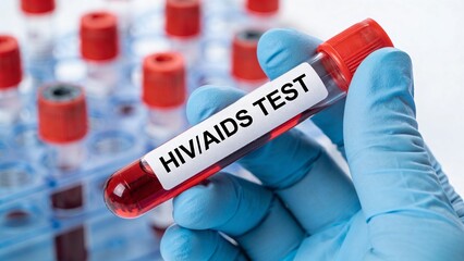 Obraz premium A gloved hand holds an HIV/AIDS test tube with a red cap and label.