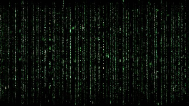 緑色の数字と記号が縦に流れるデジタルコードの背景。ITやサイバーセキュリティ関連のデザインやプレゼンテーションに最適な素材