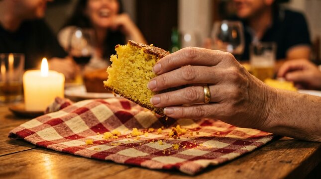 A hand holding a slice of corn cake, also known as Brazilian bolo de milho, on a candlelit dining table, with people out of focus in the background.