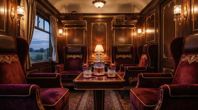Luxurious vintage train compartment with plush velvet seats and whiskey decanter