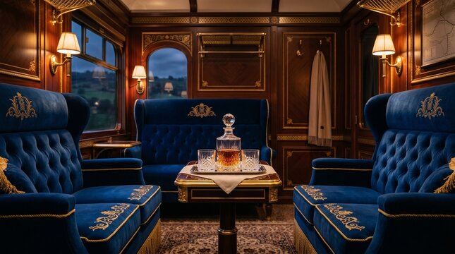 Luxurious vintage train compartment with plush blue velvet seating and a decanter of whiskey