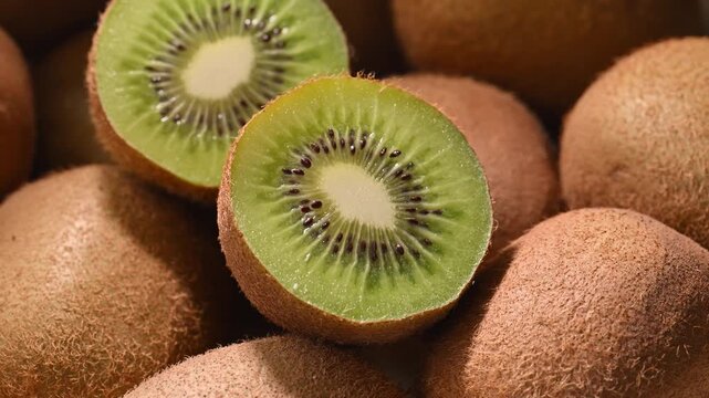 Fresh sliced kiwi rotating clockwise surrounded by whole kiwi fruits macro