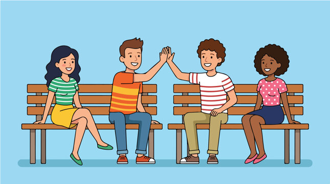 Four diverse friends sitting on benches and bumping fists on Best Friends Day with a cheerful and casual mood.