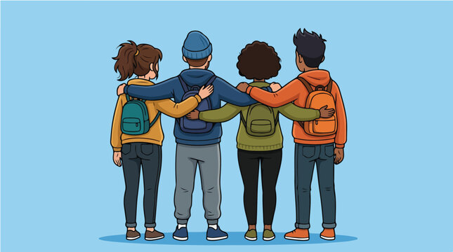 Illustration of four friends with arms around each other celebrating Best Friends Day on a blue background