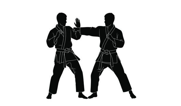 two male martial artists practicing karate with a blocking technique black silhouette high quality professional detailed modern elegant stylish clean crisp vibrant colorful digital