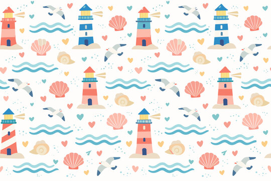 Colorful lighthouses, seashells, and waves create a playful scene on a white background for a beach-themed design