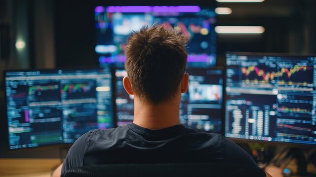 複数のモニターに映る株価チャートを背にする男性の後ろ姿。金融取引や投資分析のイメージ素材