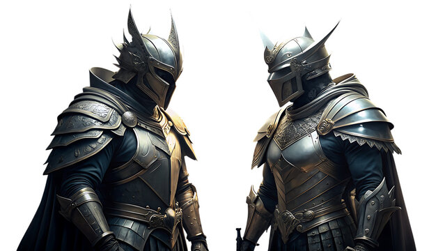 Pair of fantasy knights in ornate silver plate armor with spiked helmets and capes standing in a dramatic standoff for rpg character isolated on a transparent background