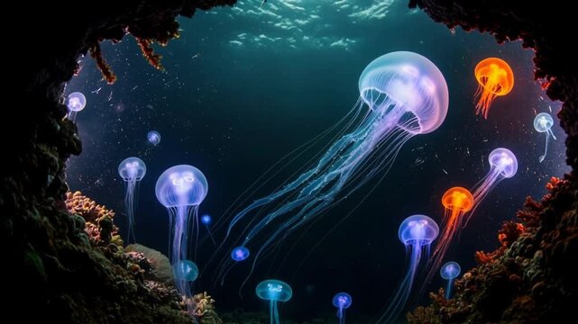 Abyssal Bioluminescent Jellyfish School in Celestial Cavern