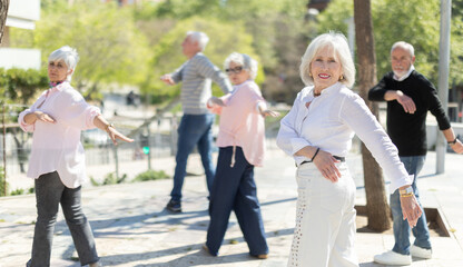 Fototapeta premium Active senior people doing arm swing exercise while practicing healthy lifestyle in open-air
