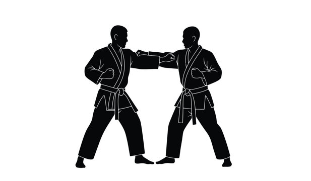 Two male martial artists practicing combat black silhouette against a white background silhouette high quality professional detailed modern elegant stylish clean crisp vibrant colorful