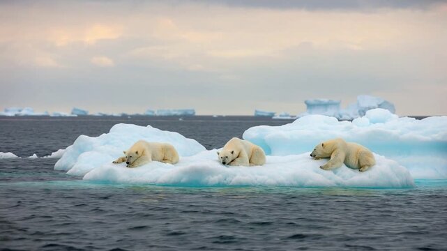 Climate adapted Polar Bear Family on Melting Ice Float
