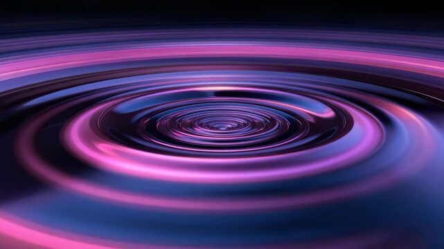 Iridescent concentric ripple wave on reflective purple surface with neon pink concentric glow