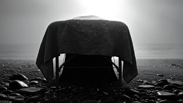 Black and white shot of a massage table draped with a cloth on a rocky beach with the ocean in the background