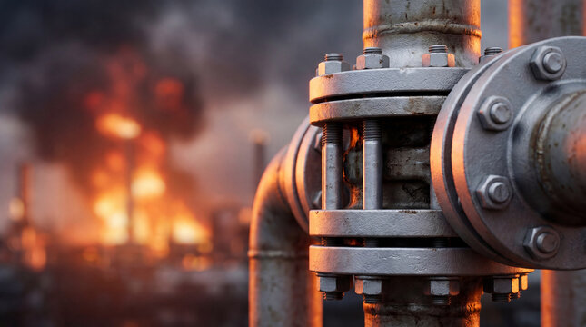 Industrial pipeline valve in front of a burning oil refinery. Dangerous fire explosion at the chemical plant. Energy sector catastrophe, fuel crisis and environmental pollution risk.