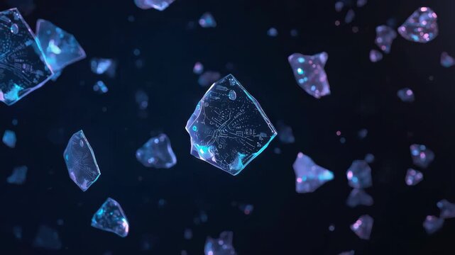 Glowing blue crystal fragment circuit patterns floating in dark space ethereal technology glow