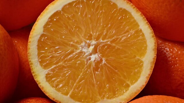 Sliced orange side view rotating counter-clockwise with fresh oranges