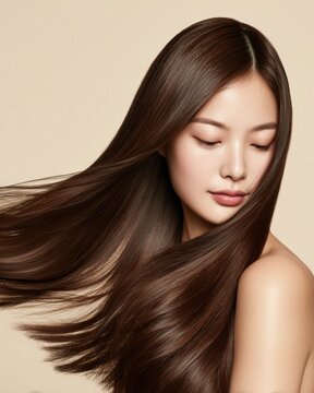 艶やかで美しい黒髪の女性の横顔。ヘアケアや美容関連の広告や記事に最適なイメージ素材