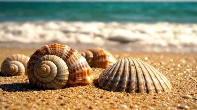 Seashells resting on the sandy beach with ocean waves in the background, tropical summer vacation atmosphere and coastal scenery.