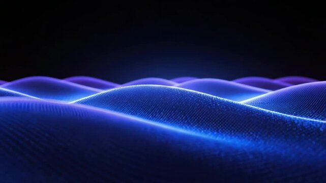 Glowing blue digital wave landscape with soft light glowing mesh dotted texture and illuminated