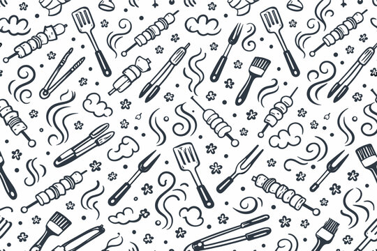 Detailed pattern of kitchen tools and food items scattered on a flat surface in a cooking space