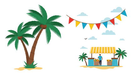 Obraz premium Tropical beach market with palm trees, vendor, and colorful bunting flags.